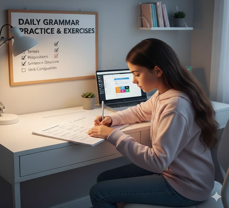 A student practicing English grammar exercises at a desk with a checklist of grammar topics including tenses, prepositions, and sentence structure