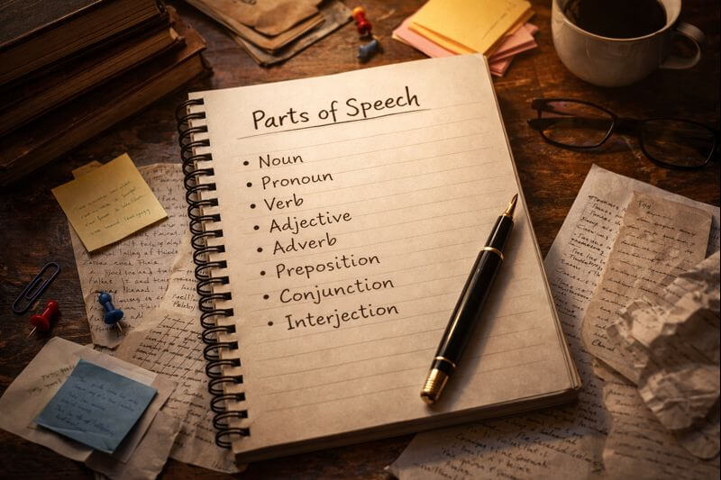 "A notebook on a study desk showing a clear list of Parts of Speech with Examples, placed next to a coffee cup and a pen for an educational English grammar blog."