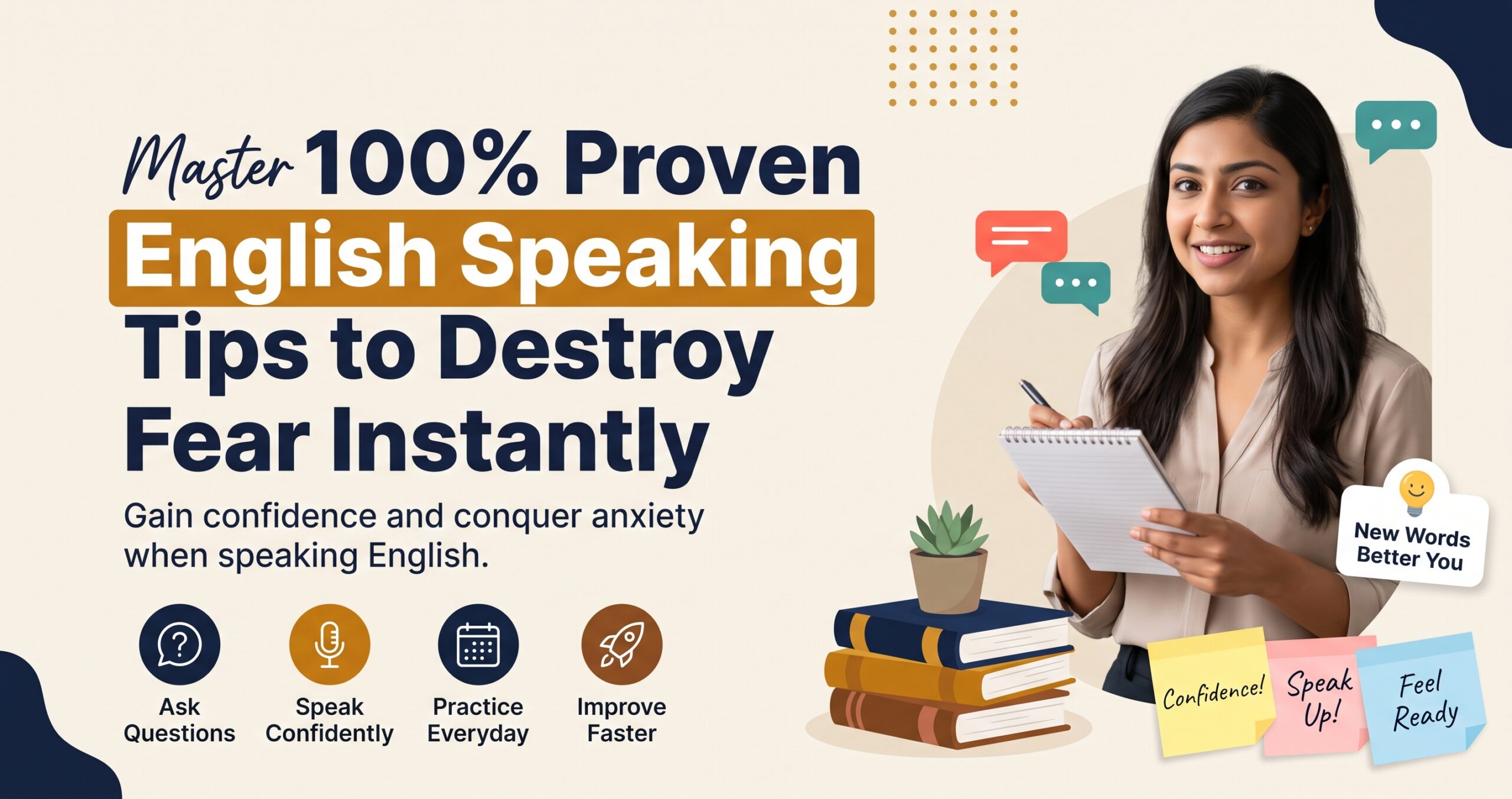 Infographic outlining 100% proven English speaking tips to destroy fear instantly, featuring a woman taking notes alongside icons for daily practice and confidence building.