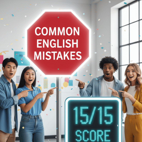 "A group of diverse students pointing to an interactive English Grammar Mistakes quiz on a smartphone for the 2026 fluency test."