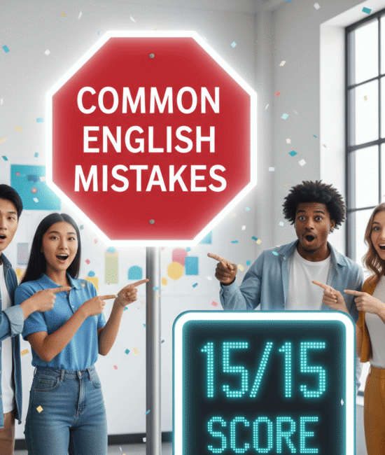 "A group of diverse students pointing to an interactive English Grammar Mistakes quiz on a smartphone for the 2026 fluency test."