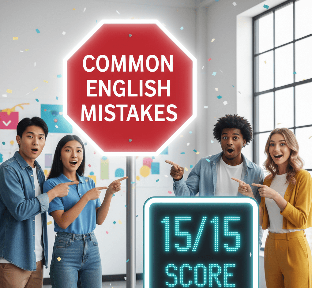 "A group of diverse students pointing to an interactive English Grammar Mistakes quiz on a smartphone for the 2026 fluency test."