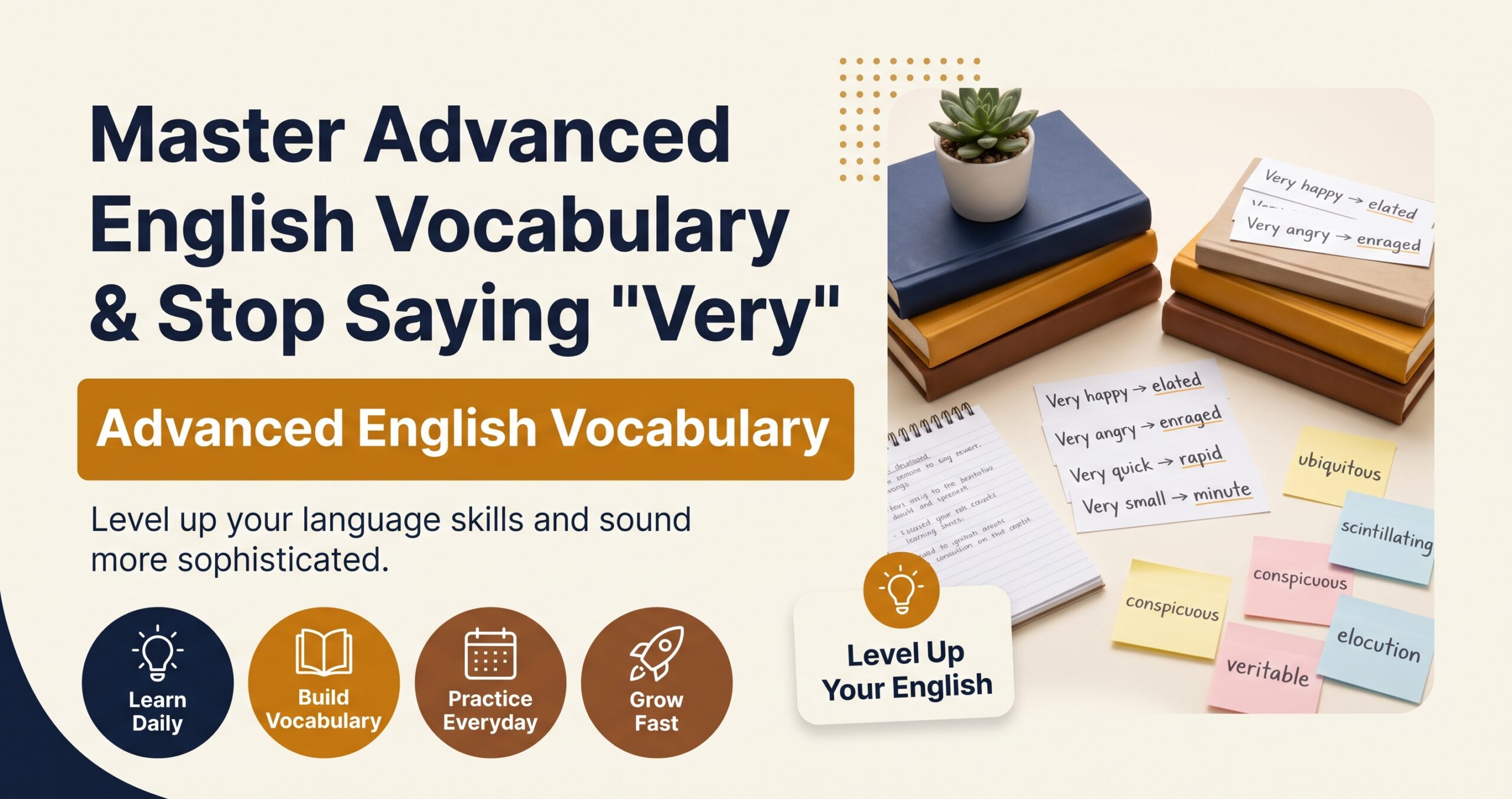 An educational infographic titled "Master Advanced English Vocabulary," featuring a desk setup with books and flashcards demonstrating sophisticated alternatives to the word "very."