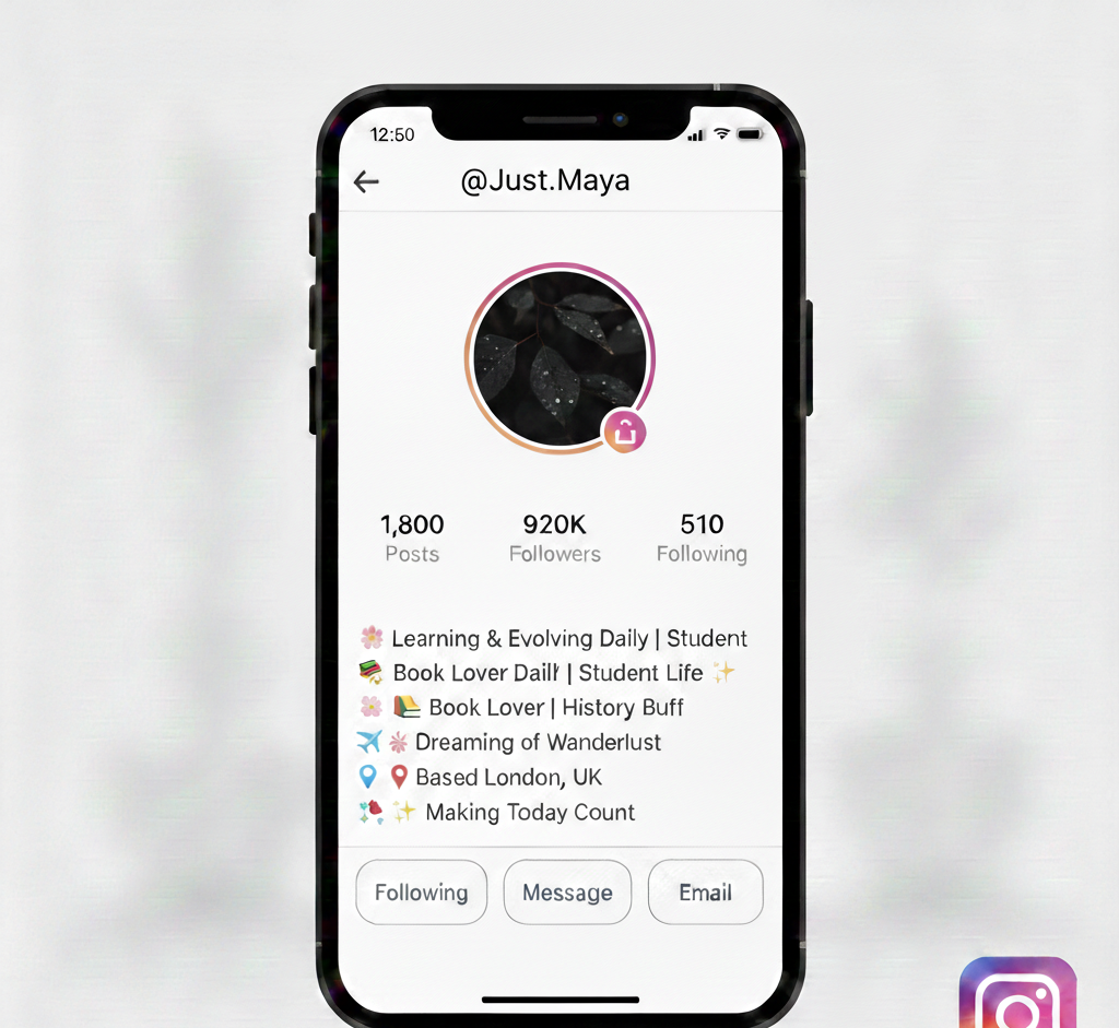 "A modern Instagram profile on a smartphone screen featuring the username Maya, with a dark aesthetic nature DP and creative ideas for a Student Bio for Instagram 2026."