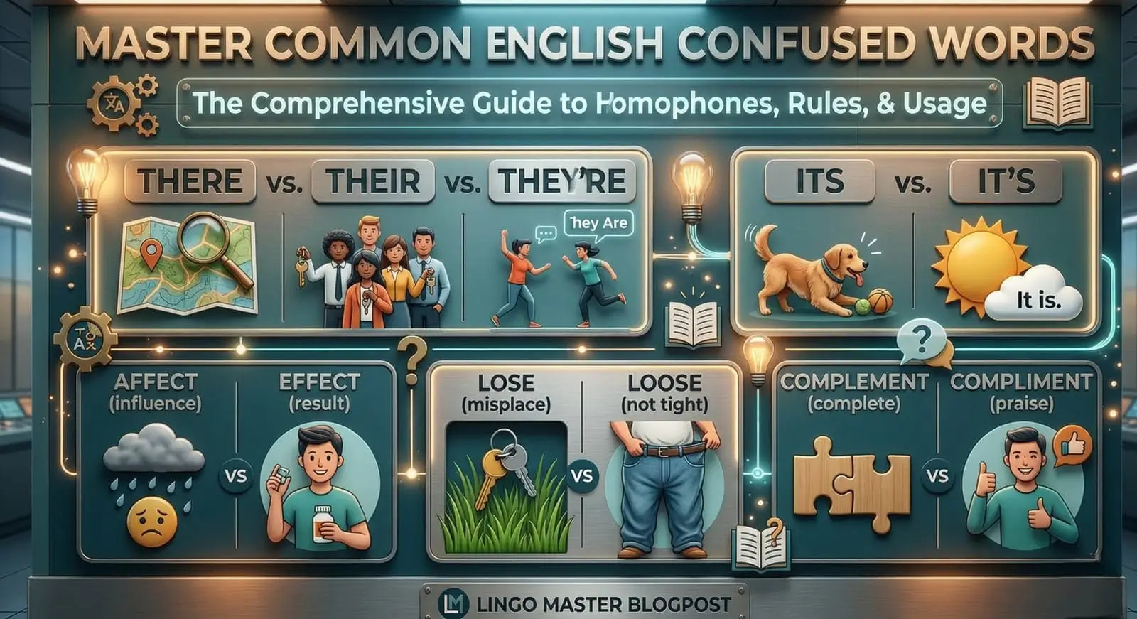 Commonly confused words in English infographic showing homophone examples and definitions to help writers avoid common grammar mistakes.