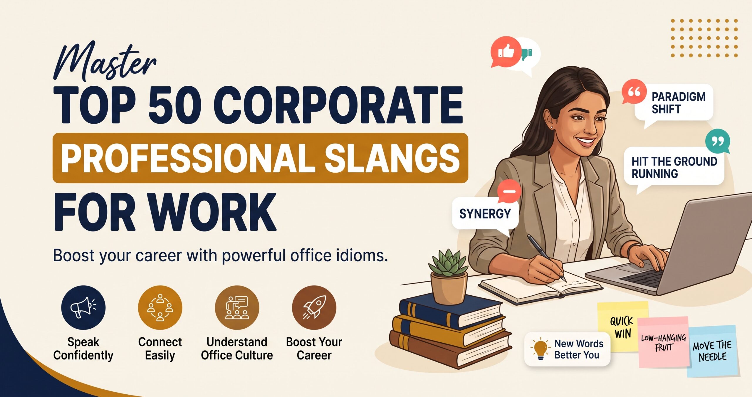 Infographic titled "Master Top 50 Workplace Lingo For Work" featuring a businesswoman working at a laptop, surrounded by common office idioms like "synergy" and "paradigm shift".
