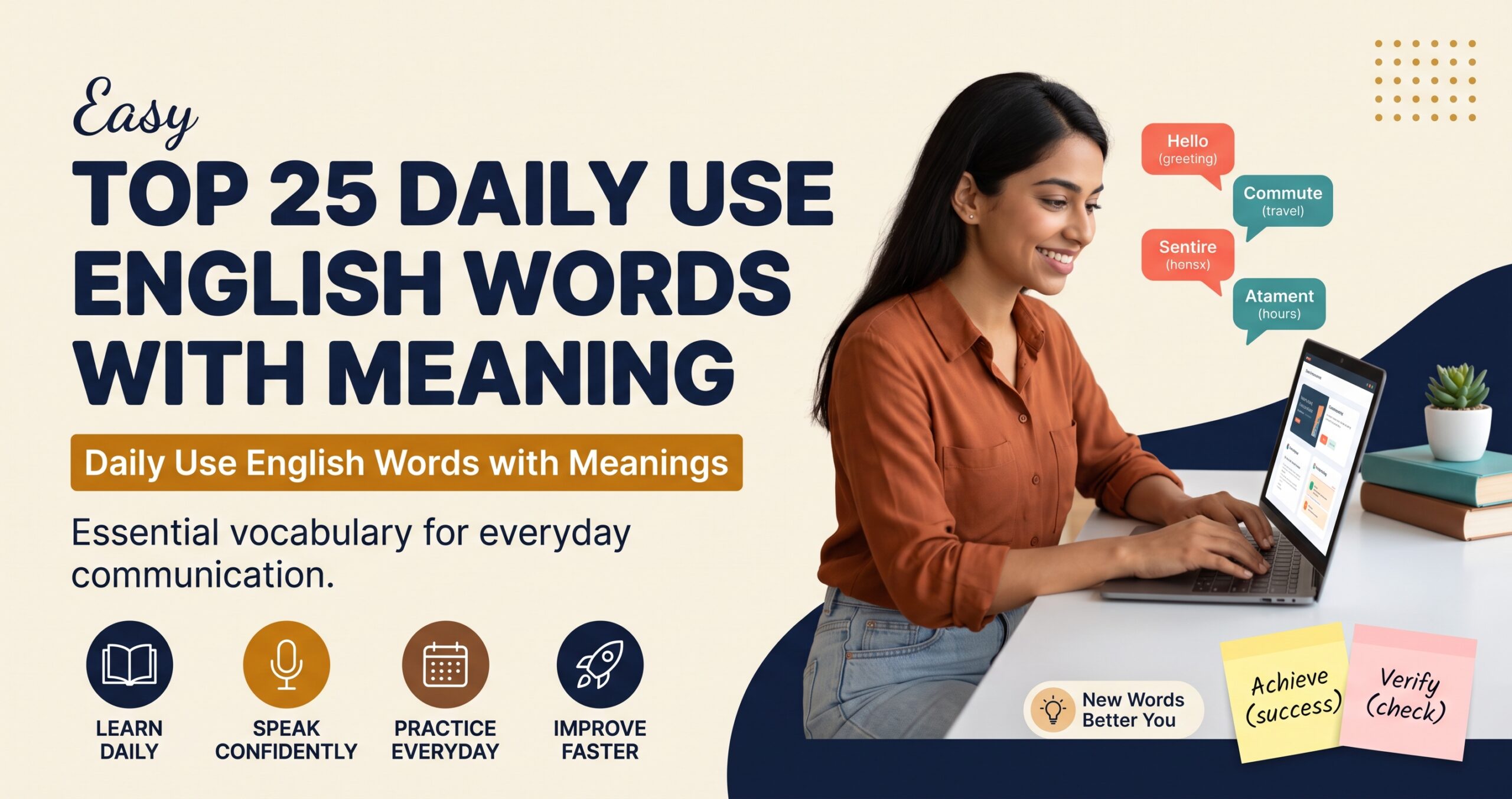 An educational infographic titled "Top 25 Daily Use English Words with Meaning," featuring a woman typing on a laptop and learning essential everyday vocabulary.