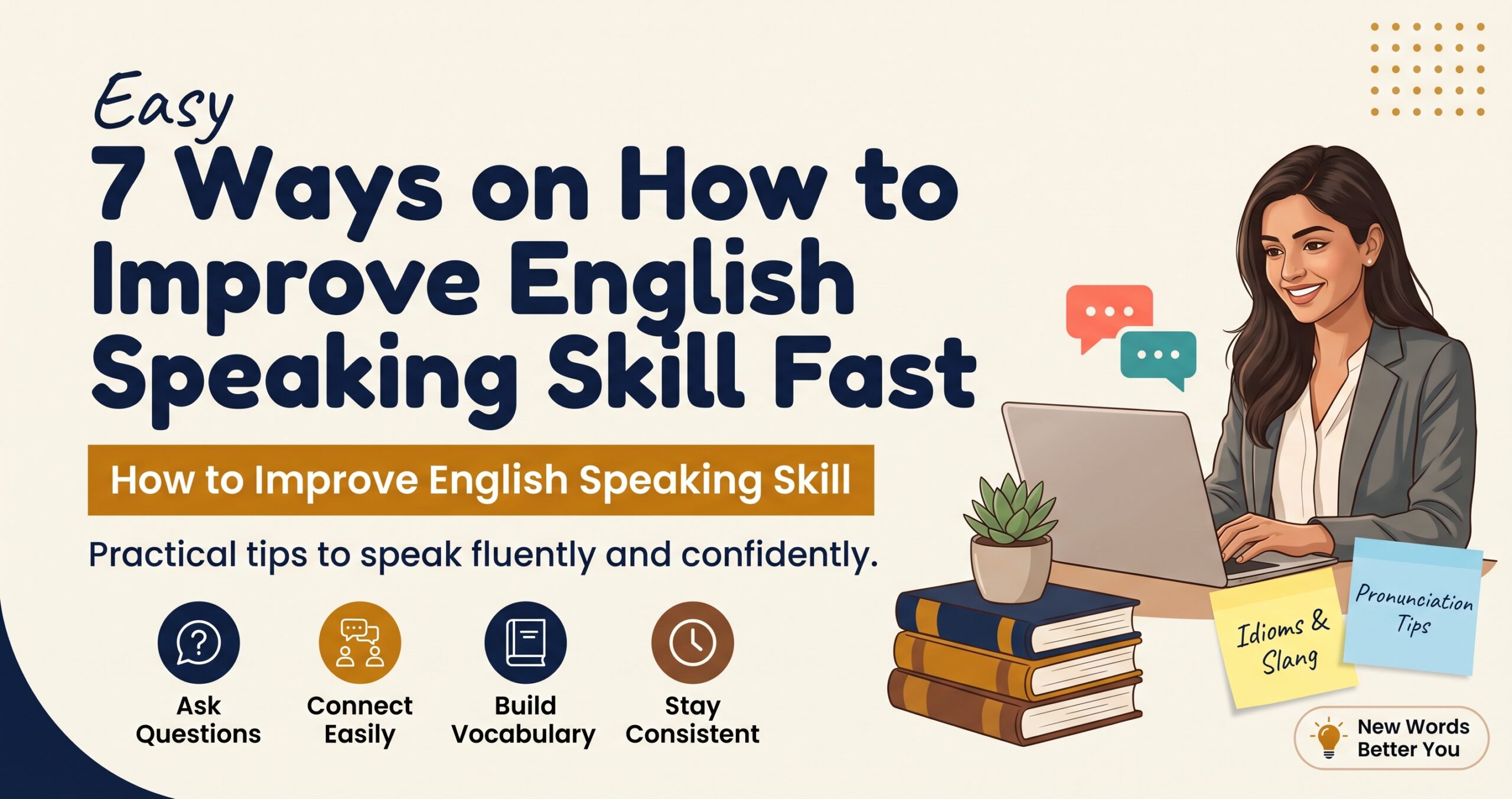 An infographic illustrating 7 easy ways on how to improve English speaking skill, featuring a professional woman using a laptop and practical tips for fluency.