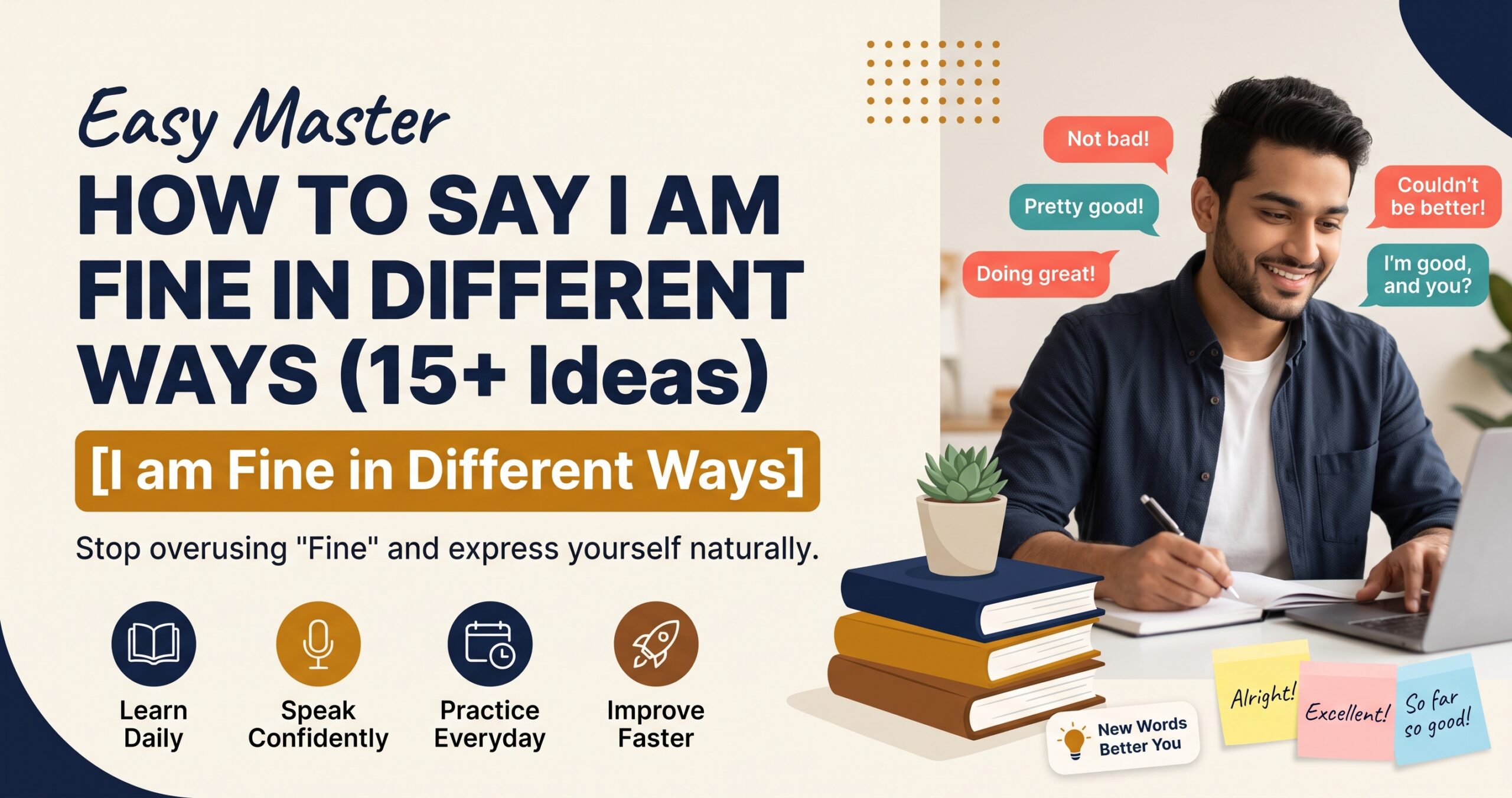 An educational guide showing how to say I am fine in different ways, featuring a man taking notes and learning natural English expressions.