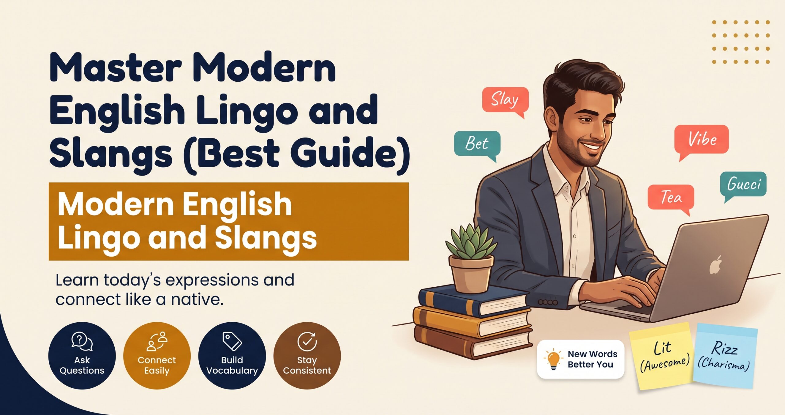 An educational guide titled "Master Modern English Lingo and Slangs," featuring a professional man typing on a laptop while learning today's expressions.