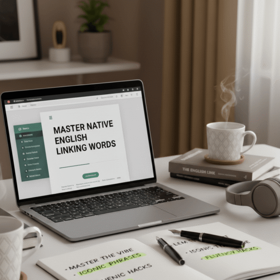 "A clean and aesthetic study workspace featuring a laptop displaying the title Master Native English Linking Words, with a notebook, coffee, and headphones on the desk."