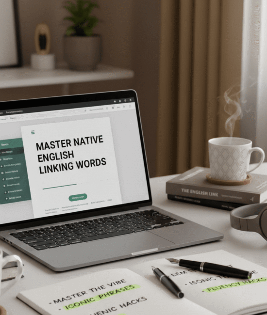 "A clean and aesthetic study workspace featuring a laptop displaying the title Master Native English Linking Words, with a notebook, coffee, and headphones on the desk."