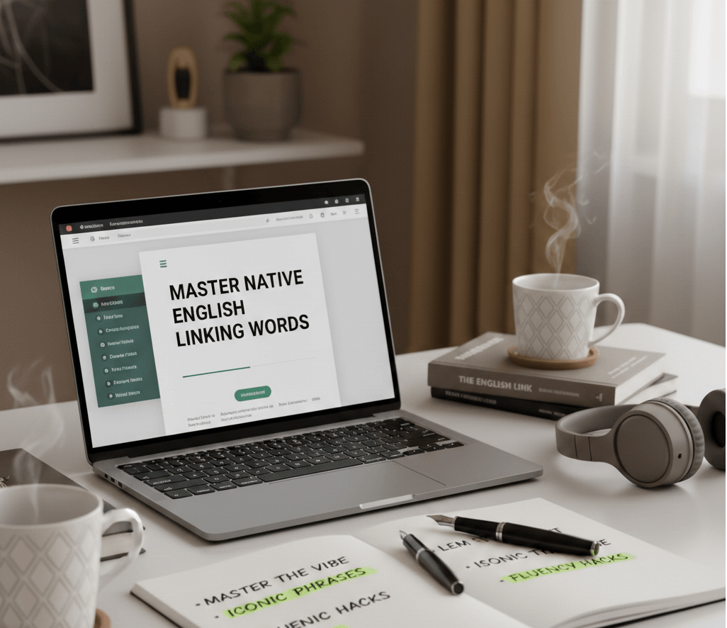 "A clean and aesthetic study workspace featuring a laptop displaying the title Master Native English Linking Words, with a notebook, coffee, and headphones on the desk."