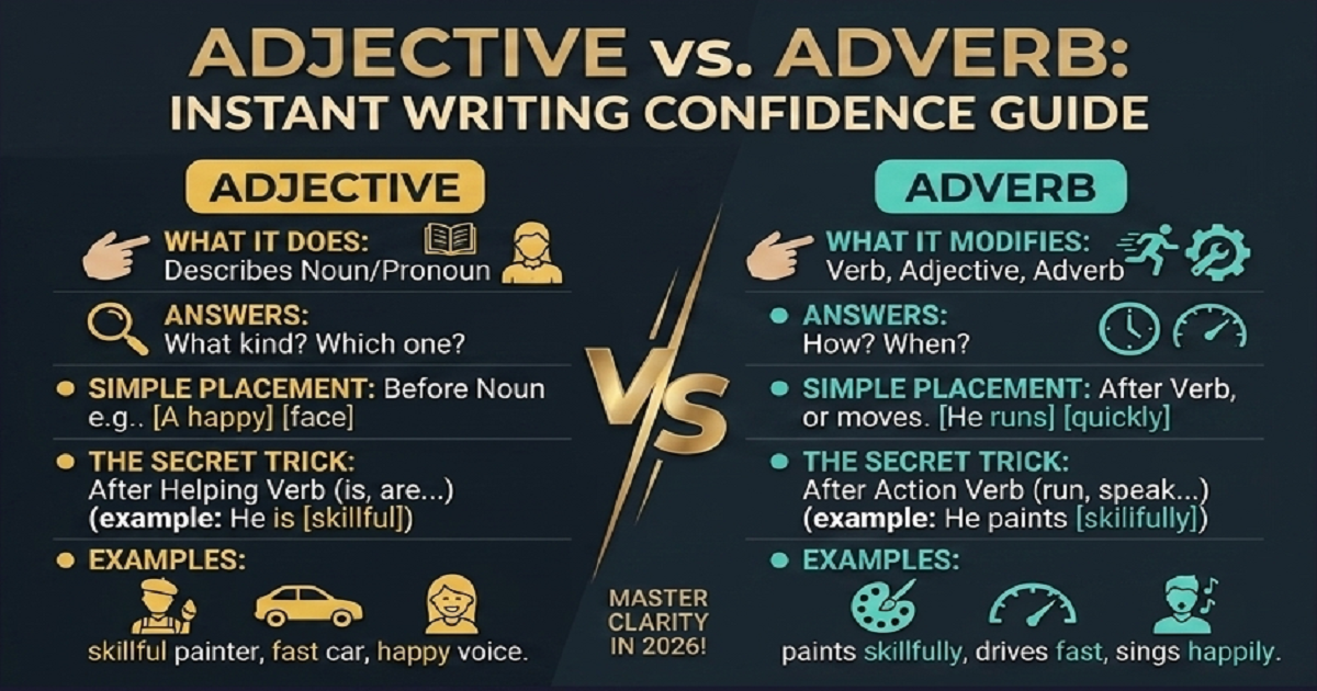 Adjective vs Adverb comparison infographic explaining the key grammar differences, placement rules, and easy identification tricks.