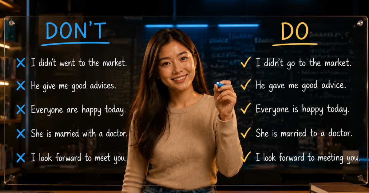 English instructor pointing to a board displaying 'Don't' vs 'Do' Correction Sentence Examples.