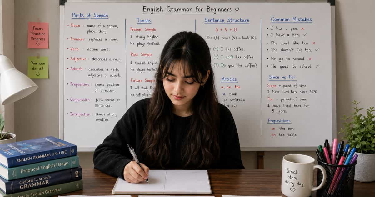English Grammar for Beginners student studying English grammar with whiteboard lessons on parts of speech, tenses, sentence structure, articles, and common grammar mistakes.