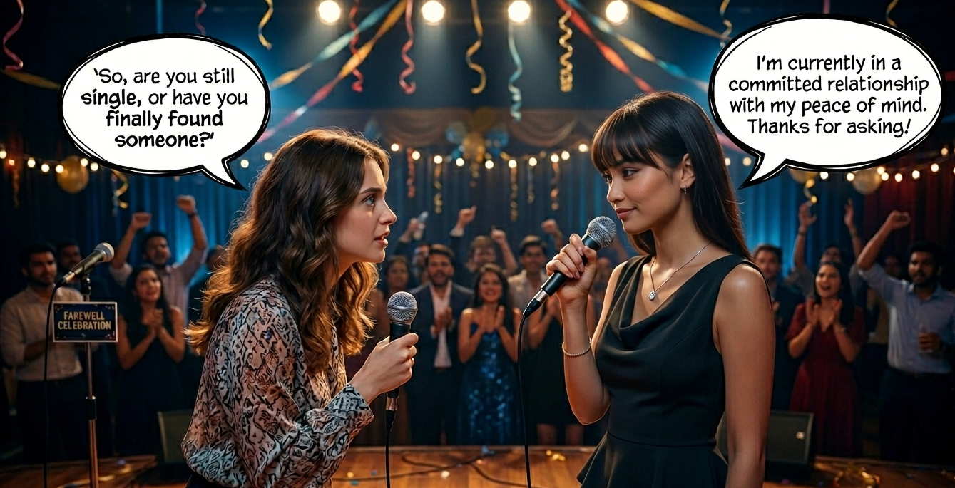 How to Answer Uncomfortable Question in English with classy and confident phrases – two women on stage responding smartly to a personal question