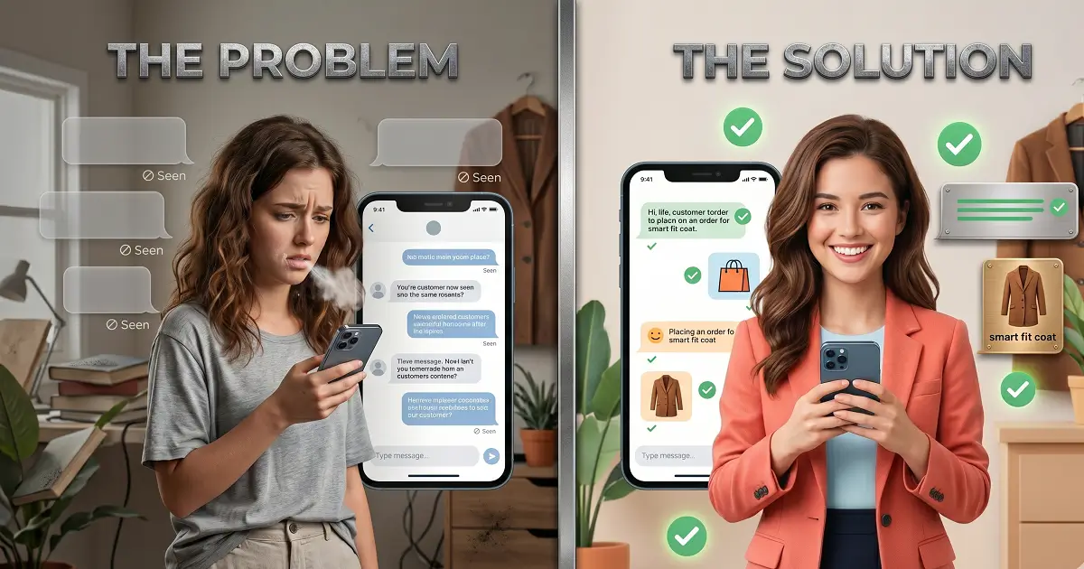 A split screen showing a frustrated seller and a confident seller who knows exactly How to Chat with Customers Online to sell smart fit coats.