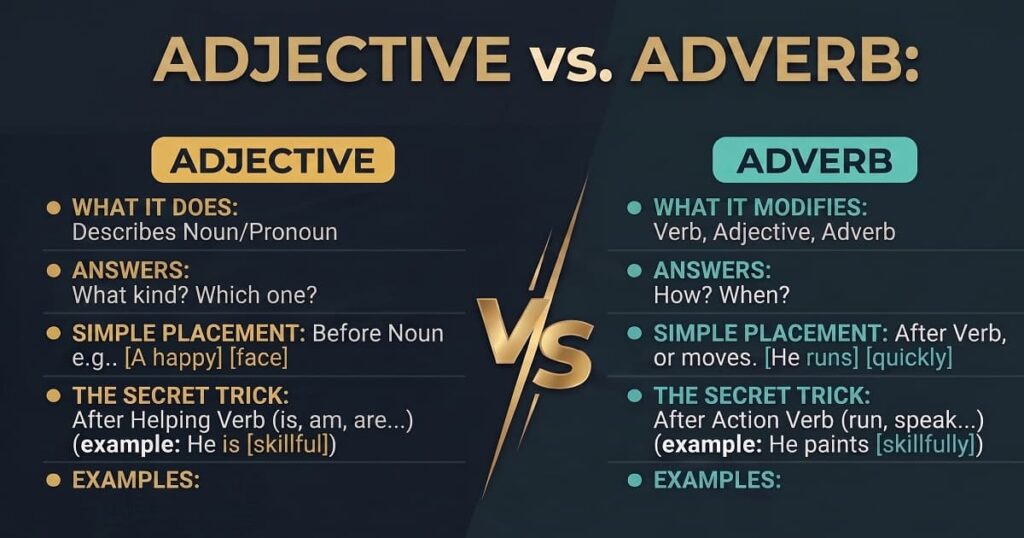 Adjective vs Adverb comparison infographic explaining the key grammar differences, placement rules, and easy identification tricks.