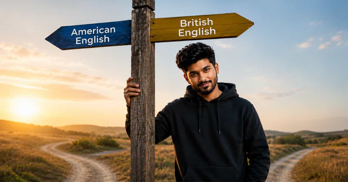 A man leaning against a crossroad signpost with arrows pointing to American English vs British English.