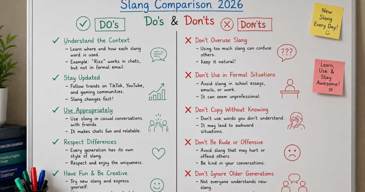Gen Z vs Gen Alpha Slang Comparison 2026 chart showing slang dos and don'ts, modern internet language trends, communication tips, and slang usage guidelines for beginners.
