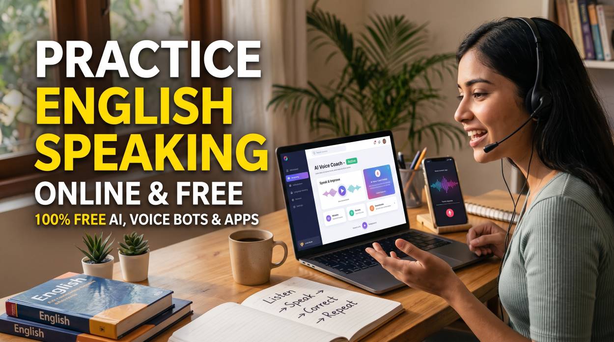 A young woman using an AI voice coach on her laptop to Practice English Speaking Online Free, with a notebook showing the listen, speak, correct, and repeat method.