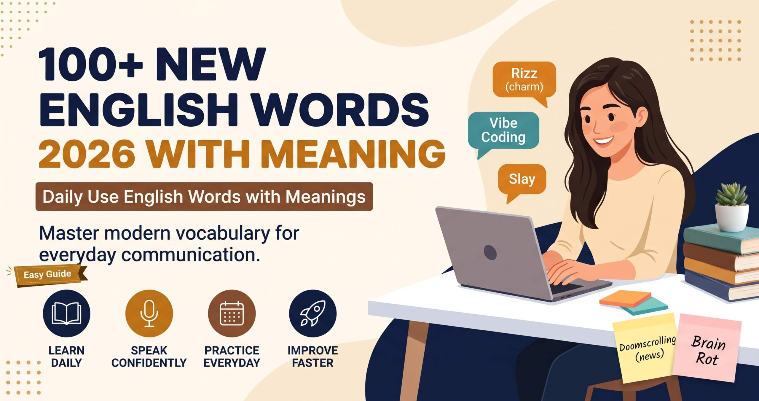 An educational blog featured image showcasing over 100+ new English words 2026 with meaning, featuring a modern flat illustration of a young woman happily typing on her laptop at a desk with trending vocabulary like "Rizz," "Vibe Coding," "Doomscrolling," "Brain Rot," and "Slay" in colorful speech bubbles and sticky notes.